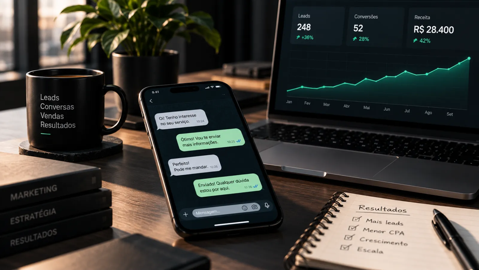 Celular sobre a mesa com conversa comercial e relatório ao lado